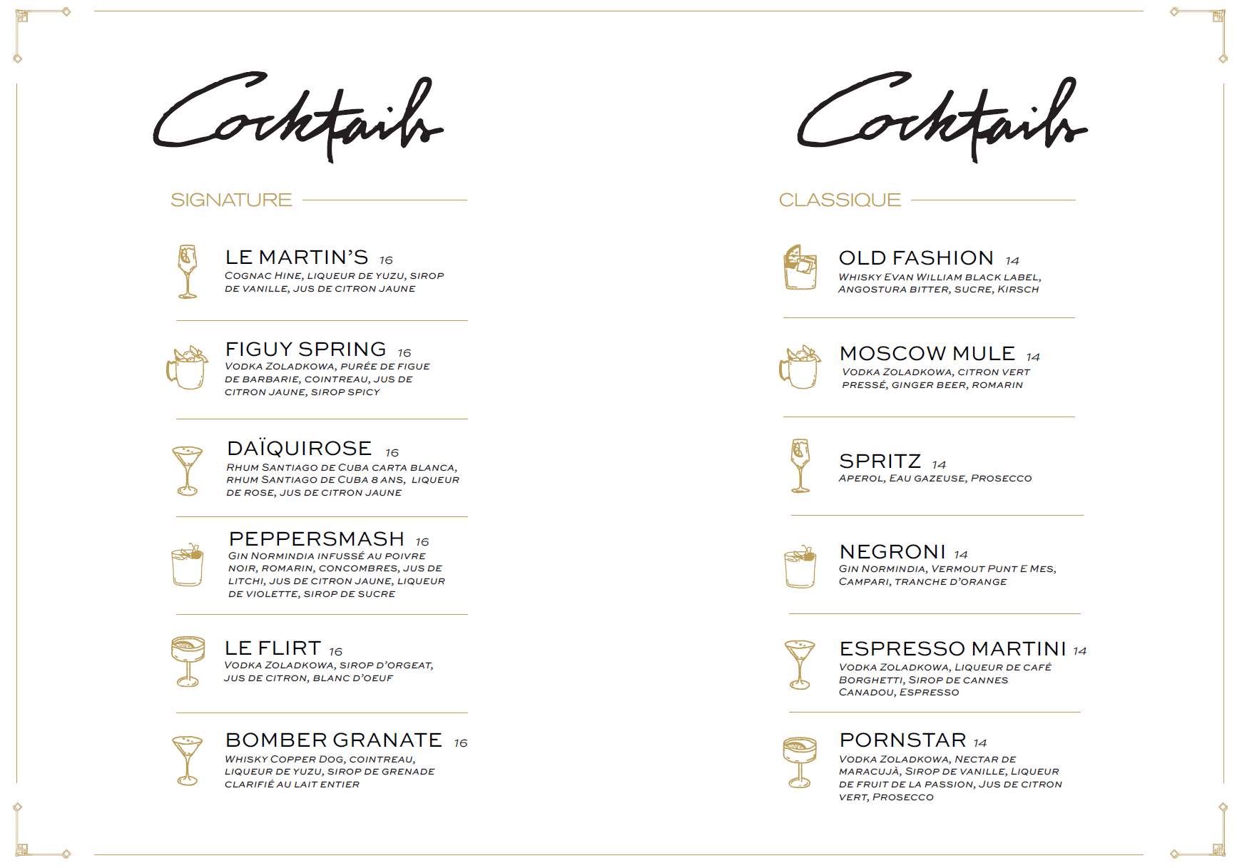 carte bar à cocktail